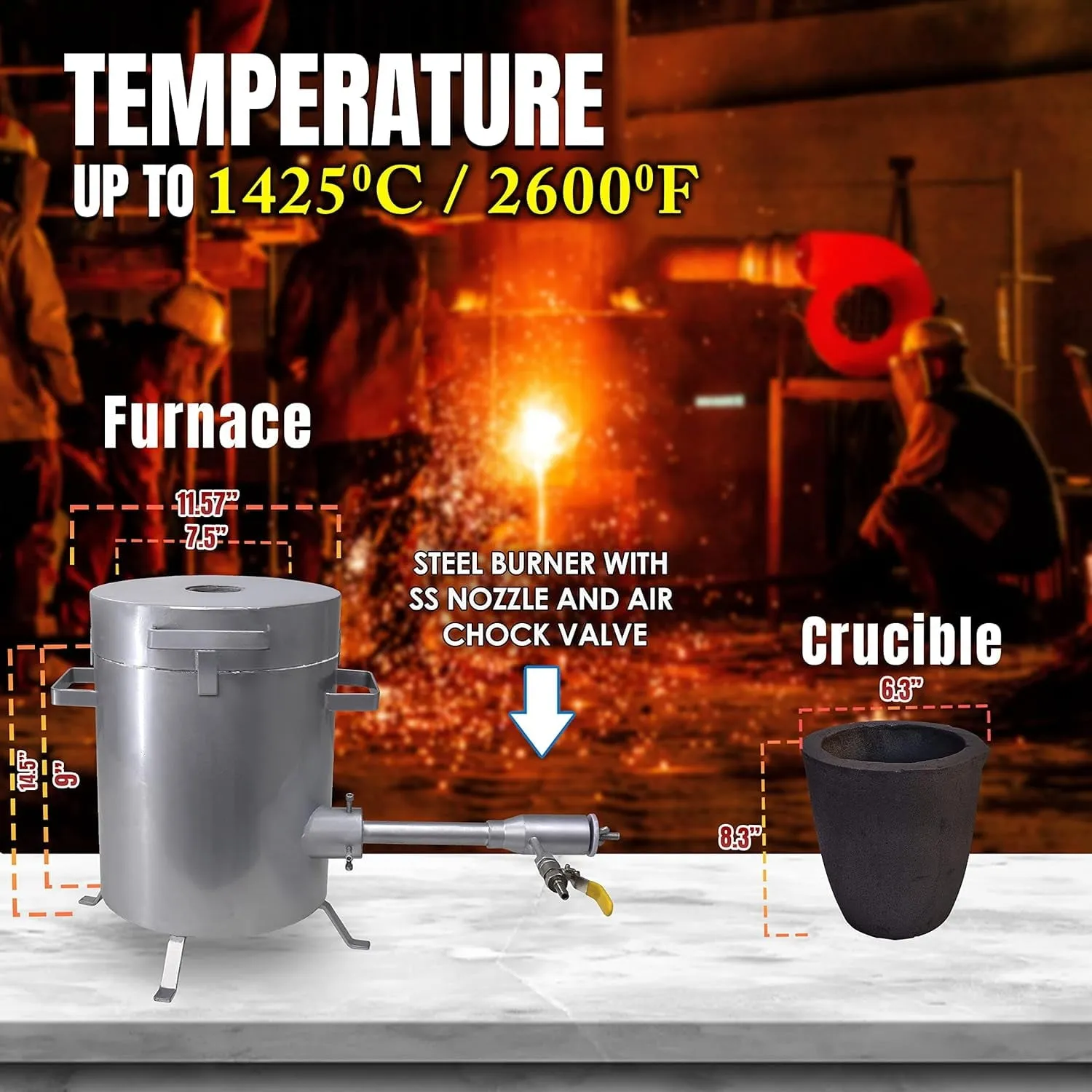 12 Kg Large Capacity Propane Gas Melting Furnace Kit with Clay Graphite Crucible Gloves Tong, Kiln for Casting Refining Gold Silver Copper Aluminum Brass and Scrap Metal Recycle Foundry