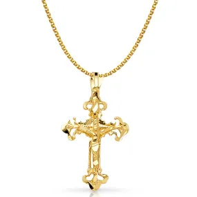 14K Gold Crucifix Charm Pendant with 1.7mm Flat Open Wheat Chain Necklace
