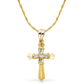 14K Gold CZ Cross Charm Pendant with 1.2mm Singapore Chain Necklace