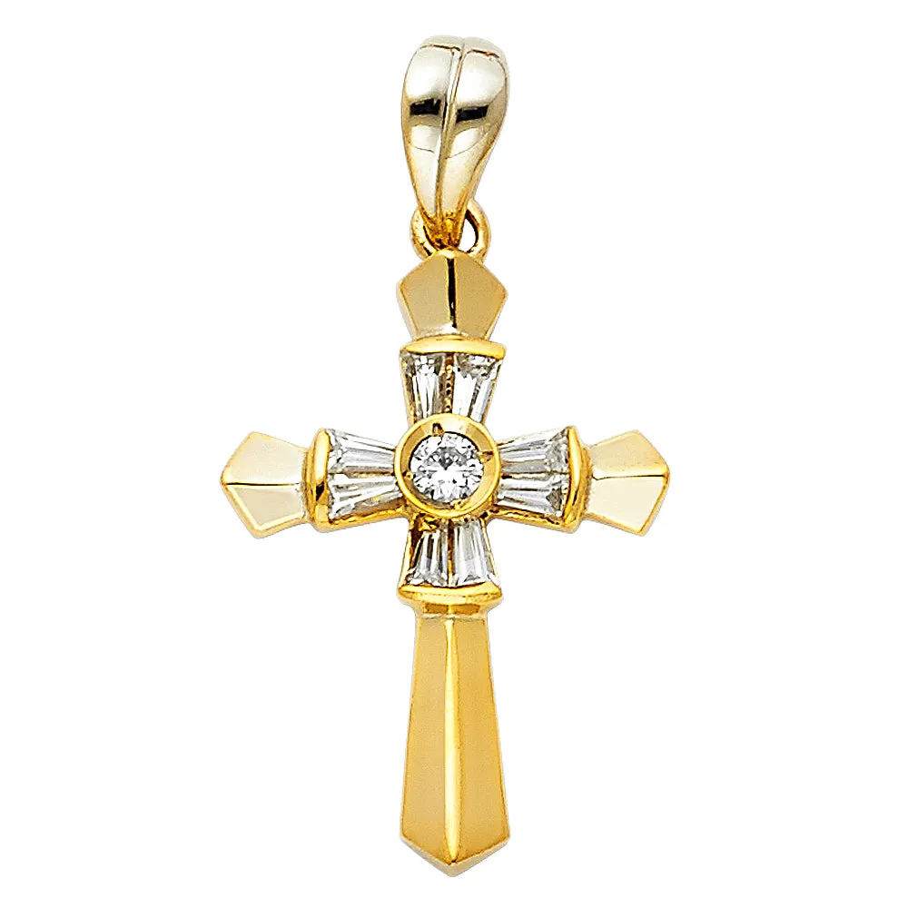 14K Gold CZ Cross Charm Pendant with 1.2mm Singapore Chain Necklace
