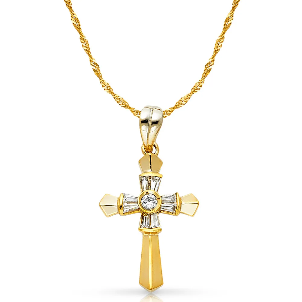 14K Gold CZ Cross Charm Pendant with 1.2mm Singapore Chain Necklace