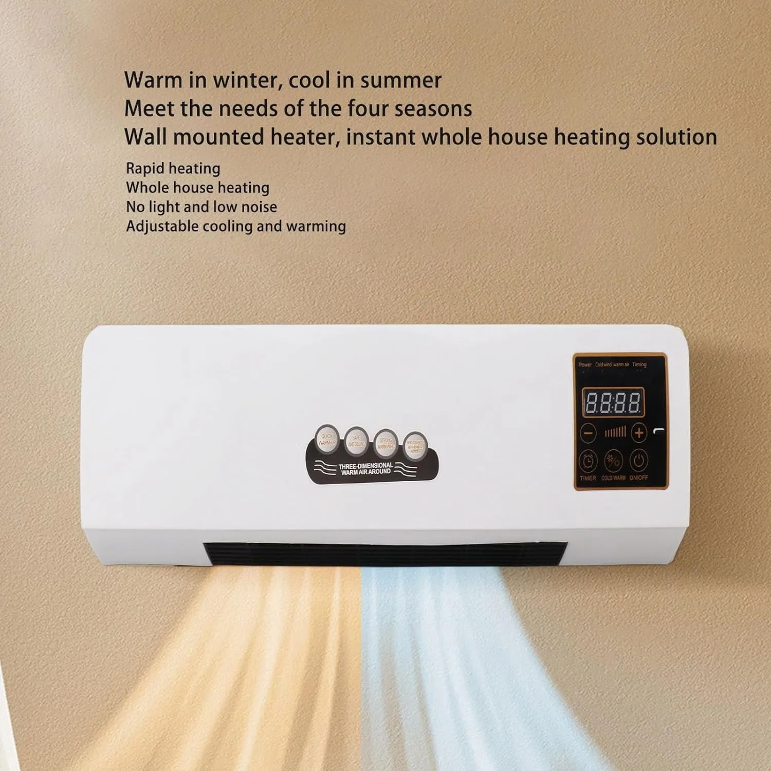 1800W Wall Mounted Air Conditioner Heater Electric Cooling Heating Machine PTC Heating Element Heater with Remote Control Timer for Bedroom Bathroom 220V English Version