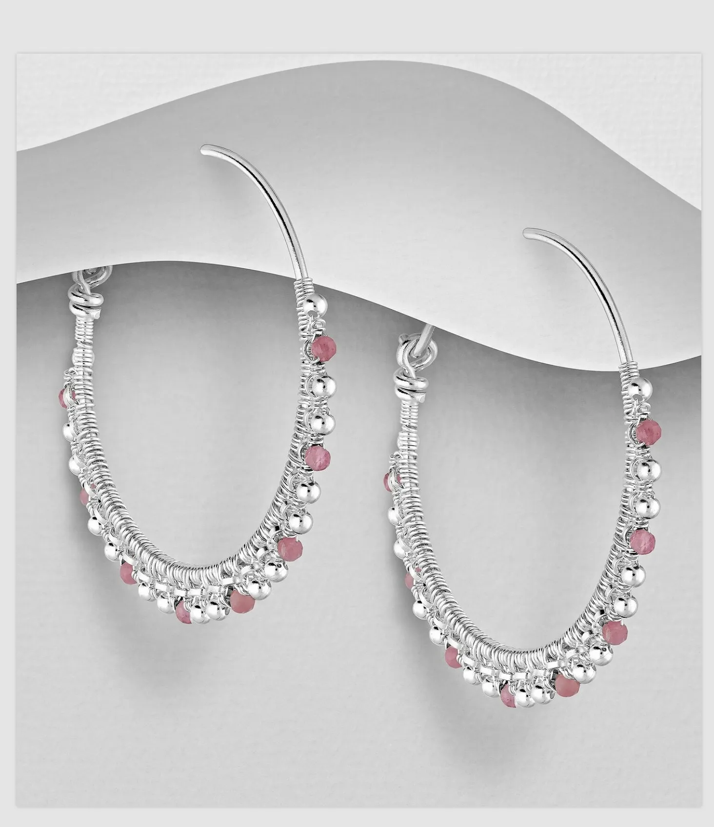 925 Sterling Silver Hoop Earrings with Pink Tourmaline - Large