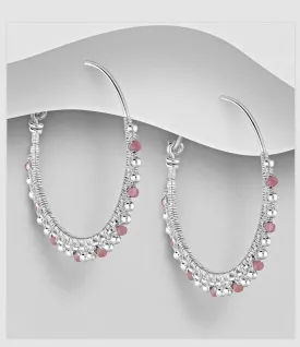 925 Sterling Silver Hoop Earrings with Pink Tourmaline - Large