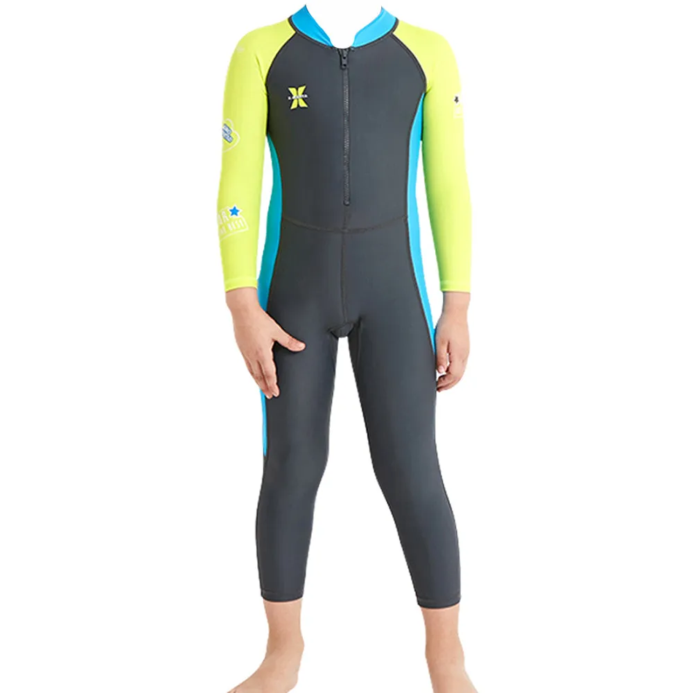 Grey Fluroscent Quote Sleeves Full Lenth Kids Swimwear With Upf 50  Feature