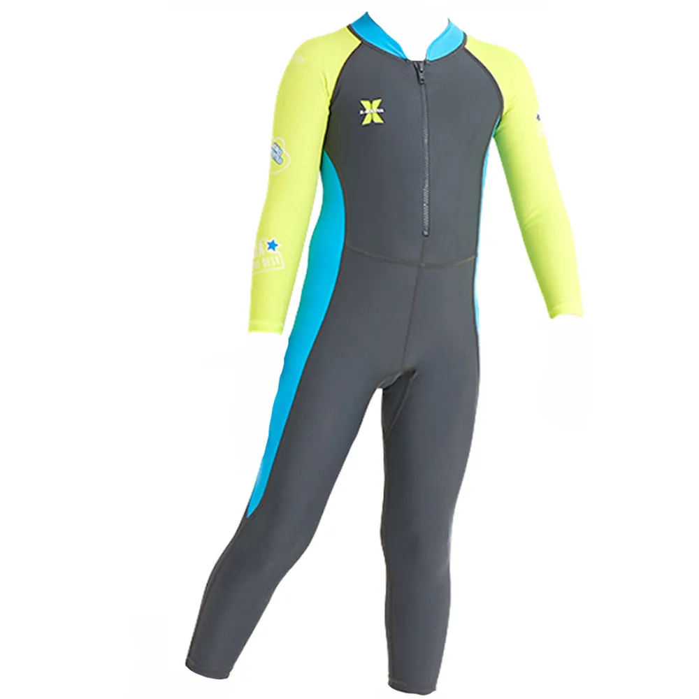 Grey Fluroscent Quote Sleeves Full Lenth Kids Swimwear With Upf 50  Feature