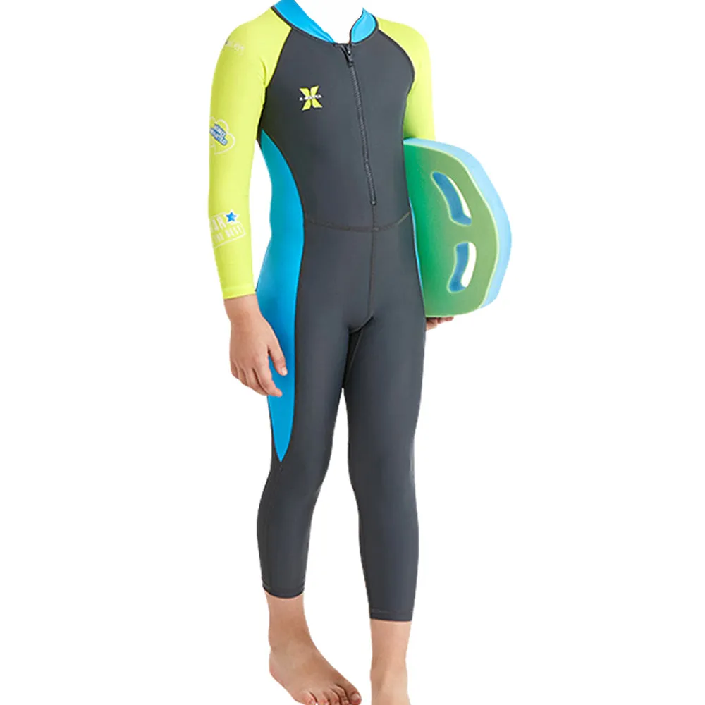 Grey Fluroscent Quote Sleeves Full Lenth Kids Swimwear With Upf 50  Feature