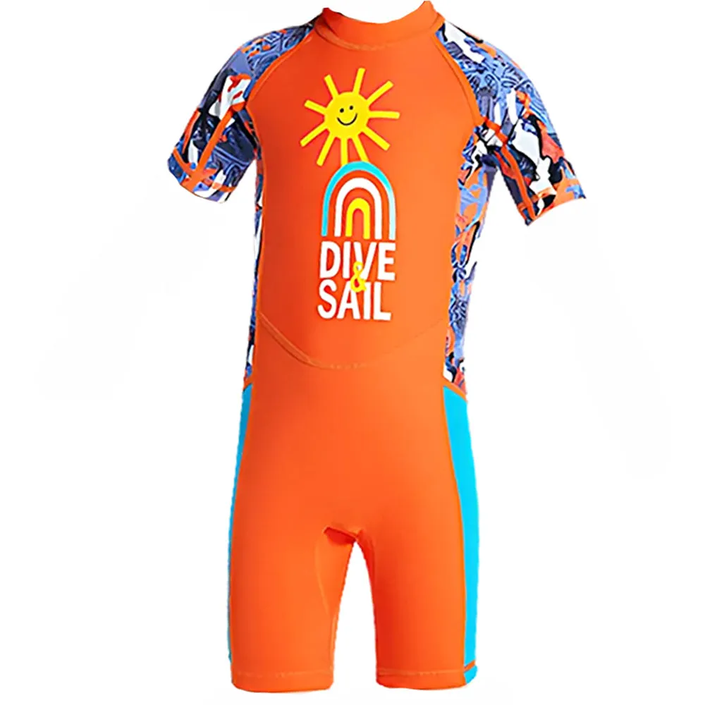 Half Sleeves Kids Swimwear Orange Sunshine Printed Knee Length,With Upf 50 