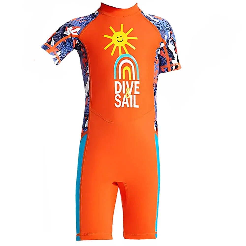 Half Sleeves Kids Swimwear Orange Sunshine Printed Knee Length,With Upf 50 