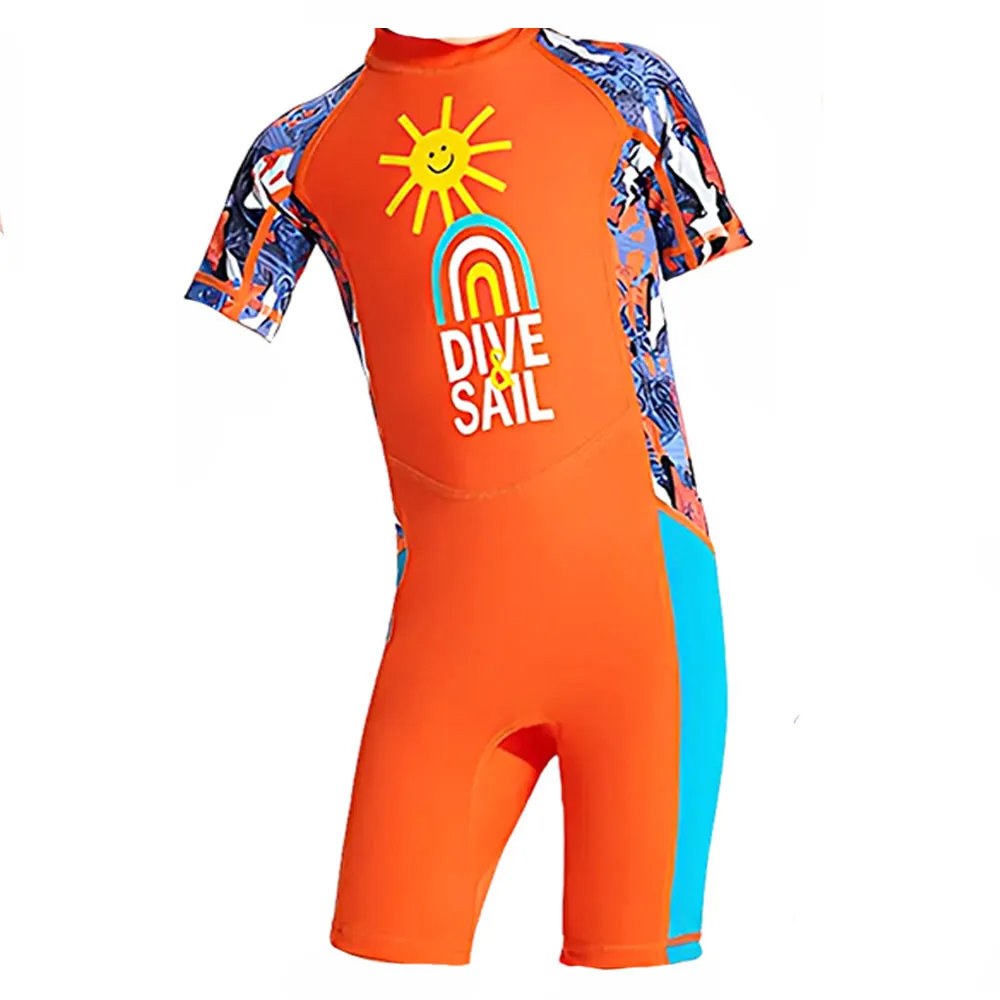 Half Sleeves Kids Swimwear Orange Sunshine Printed Knee Length,With Upf 50 