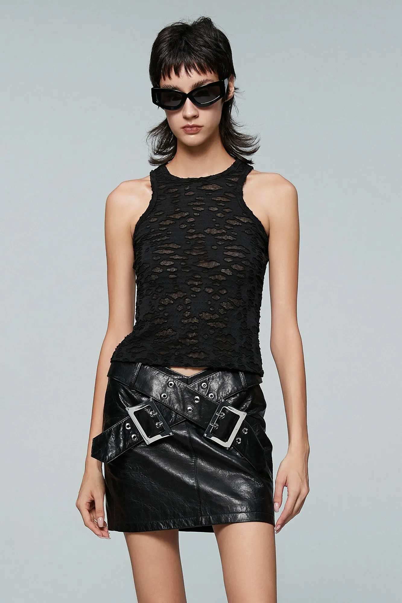 Lace up ultra short leather skirt