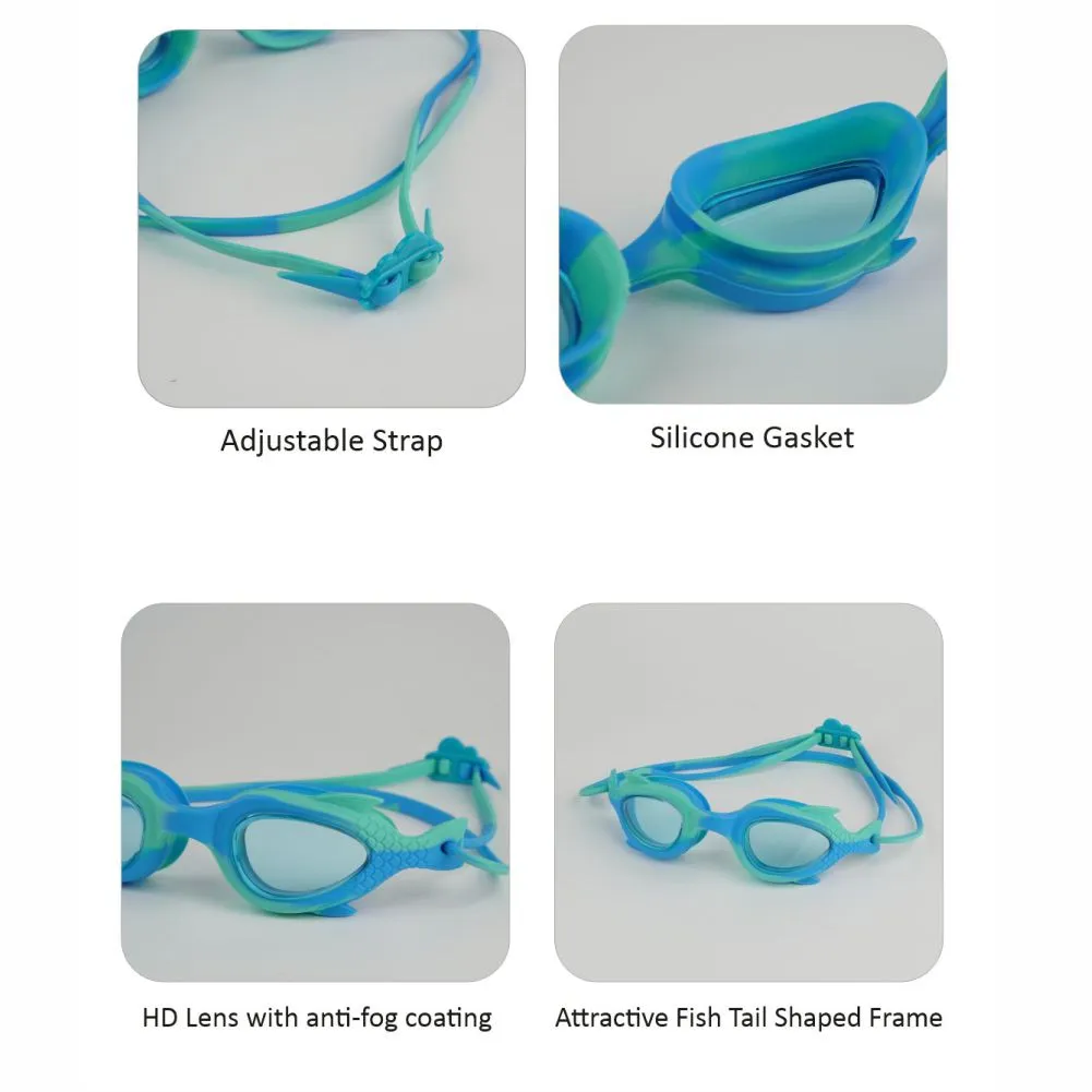 Mint & Blue Fishtail Designed Frame, Anti Fog UV Protection Leakproof Design Swim Goggles for Kids, 3 years - 8 years