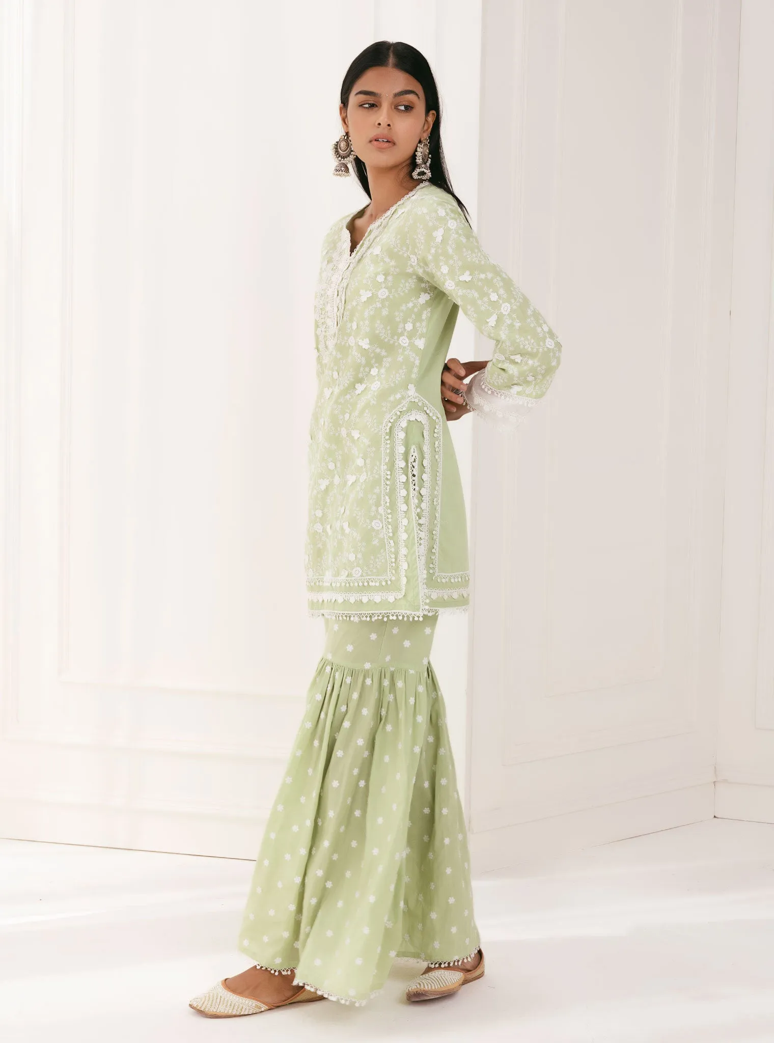 Mulmul Cotton Kanji Green Kurta With Kanji Green Garara