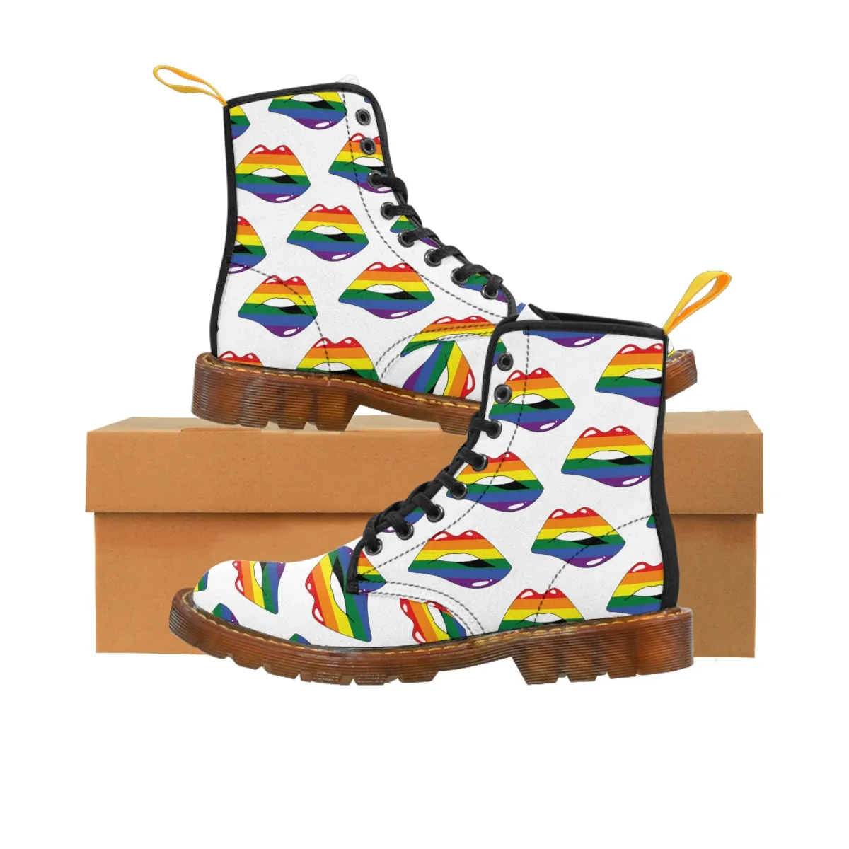 Rainbow Pride Flag Kisses LGBTQ White Canvas Boots Unisex Size
