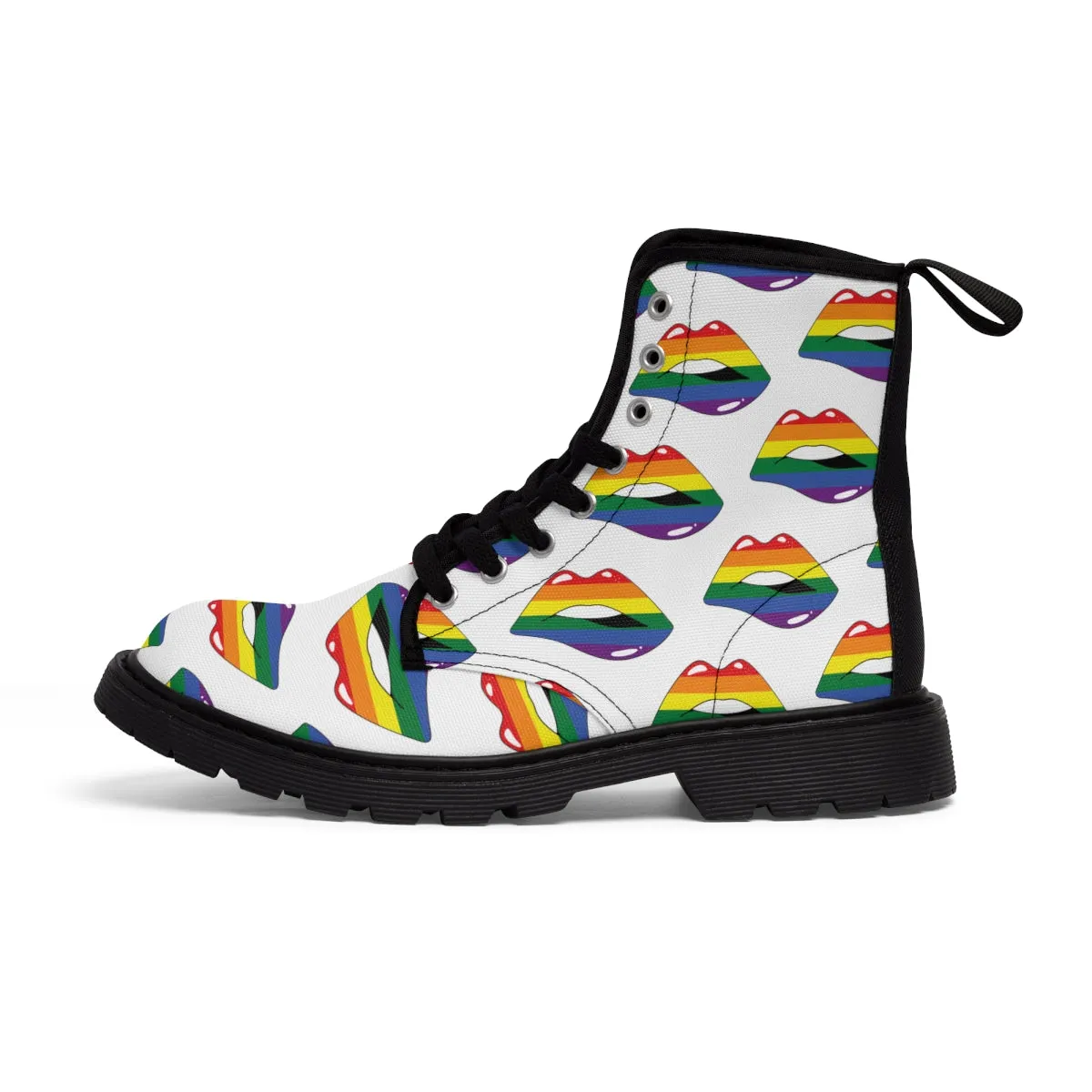 Rainbow Pride Flag Kisses LGBTQ White Canvas Boots Unisex Size