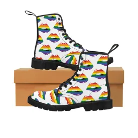 Rainbow Pride Flag Kisses LGBTQ White Canvas Boots Unisex Size