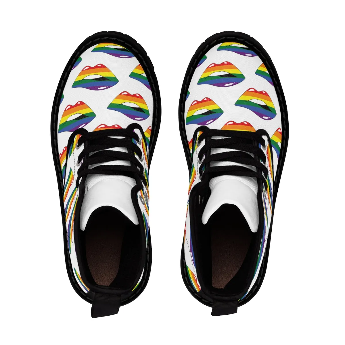 Rainbow Pride Flag Kisses LGBTQ White Canvas Boots Unisex Size