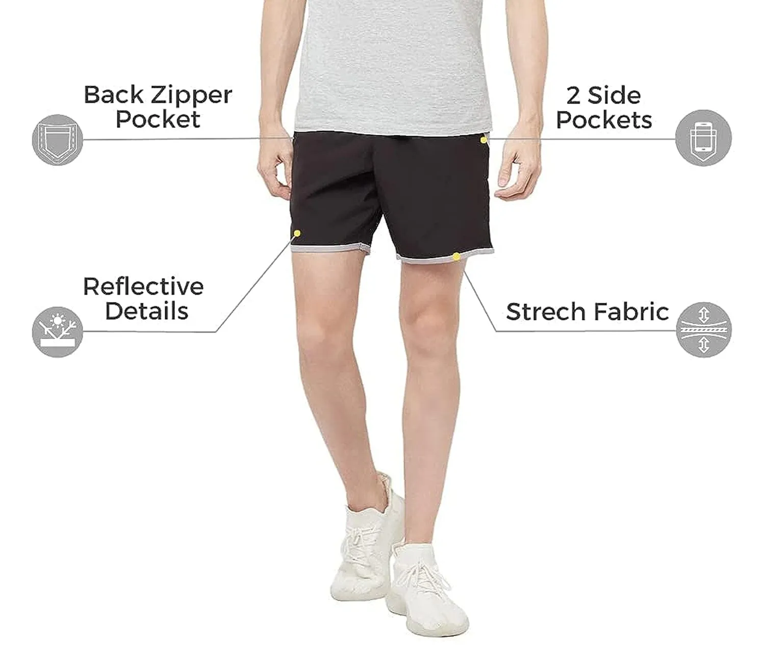 Romano nx Men's Black 7 inch Dry Fit Sports Running Reflective Shorts with 2 Side Pockets and Zipper Back Pocket
