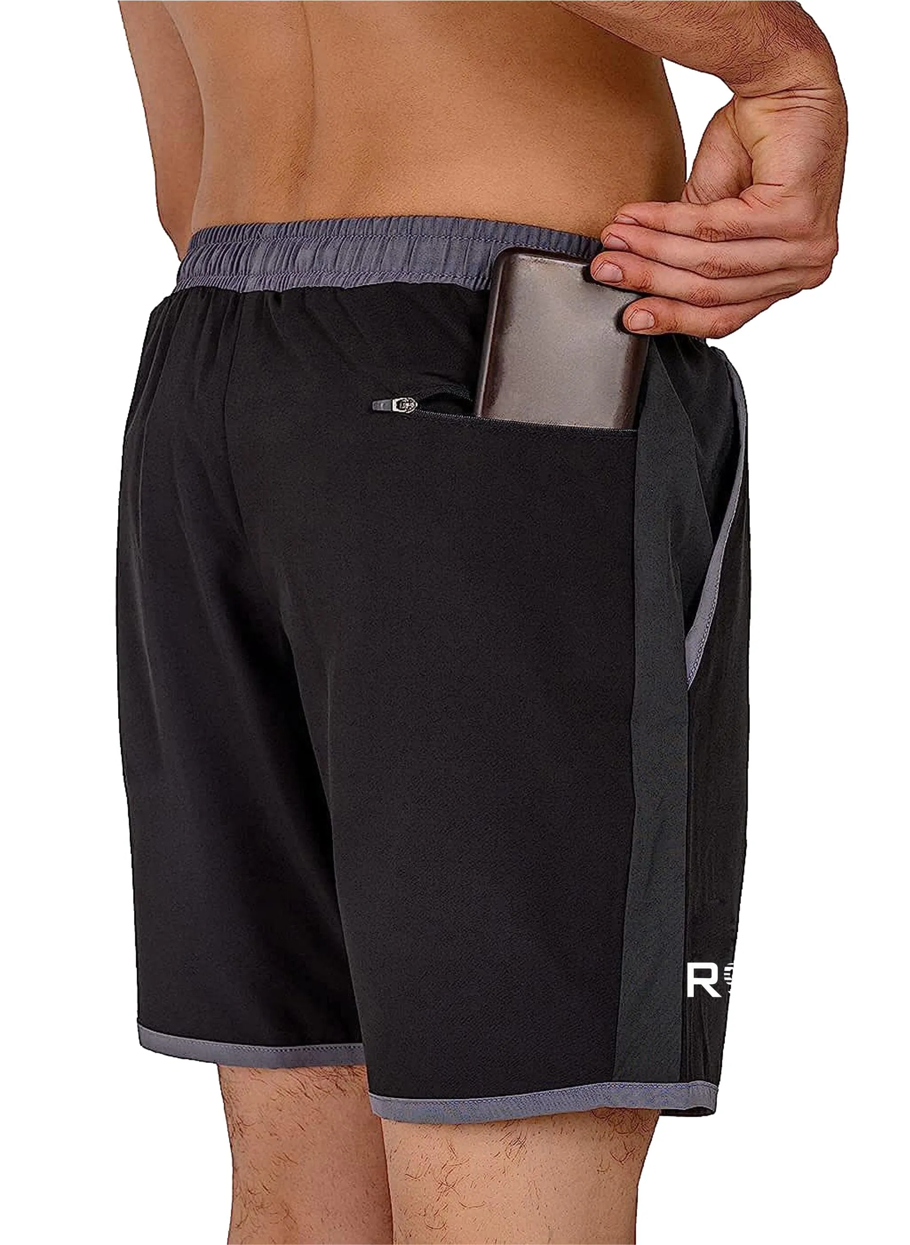 Romano nx Men's Black 7 inch Dry Fit Sports Running Reflective Shorts with 2 Side Pockets and Zipper Back Pocket