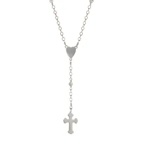 Sterling Silver Heart and Cross Rosary Necklace on Pearl Chain