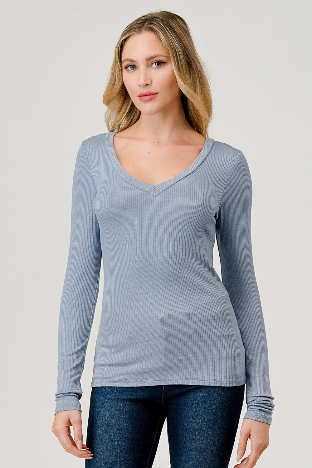 V-Neck Ribbed Long Sleeve