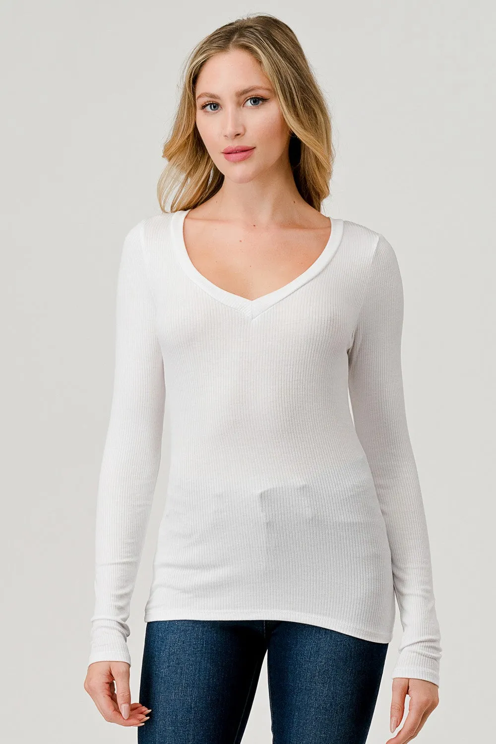 V-Neck Ribbed Long Sleeve